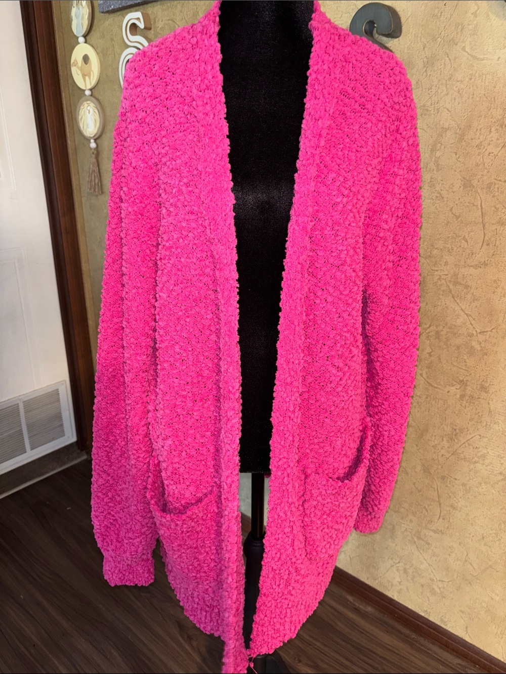 1X Zenana Premium Popcorn Knit Open Cardigan in Hot Pink